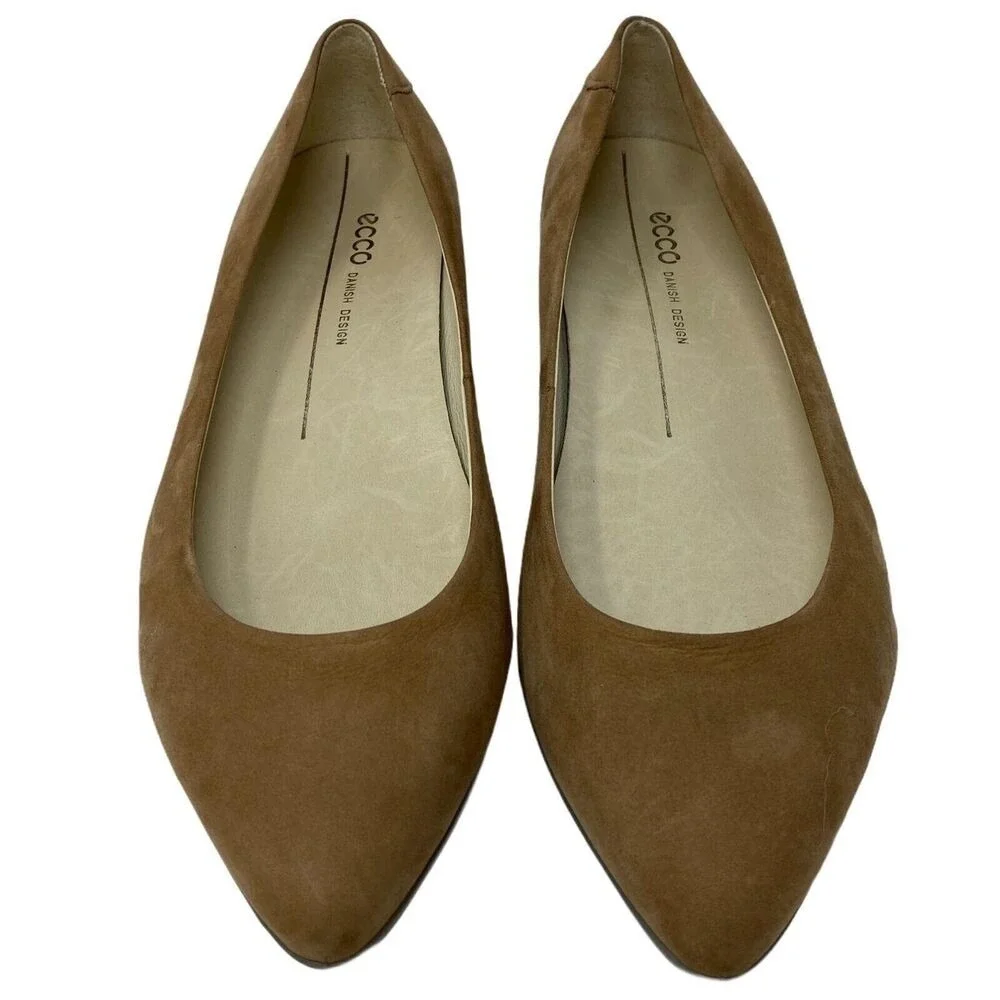 New ECCO Women's Ballet Flats 36 Tan Suede Pointed Toe Danish Design